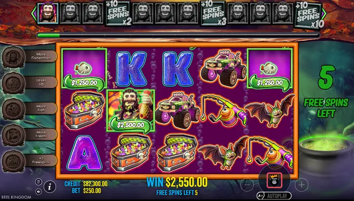 Игровое поле слота Big Bass Splash Halloween 1000 с выигрышем на линиях и символами.